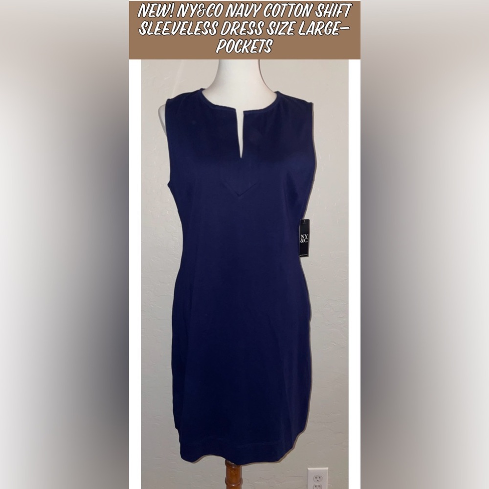 New! NY&Co Navy Cotton Shift Sleeveless Dress Size Large- Pockets